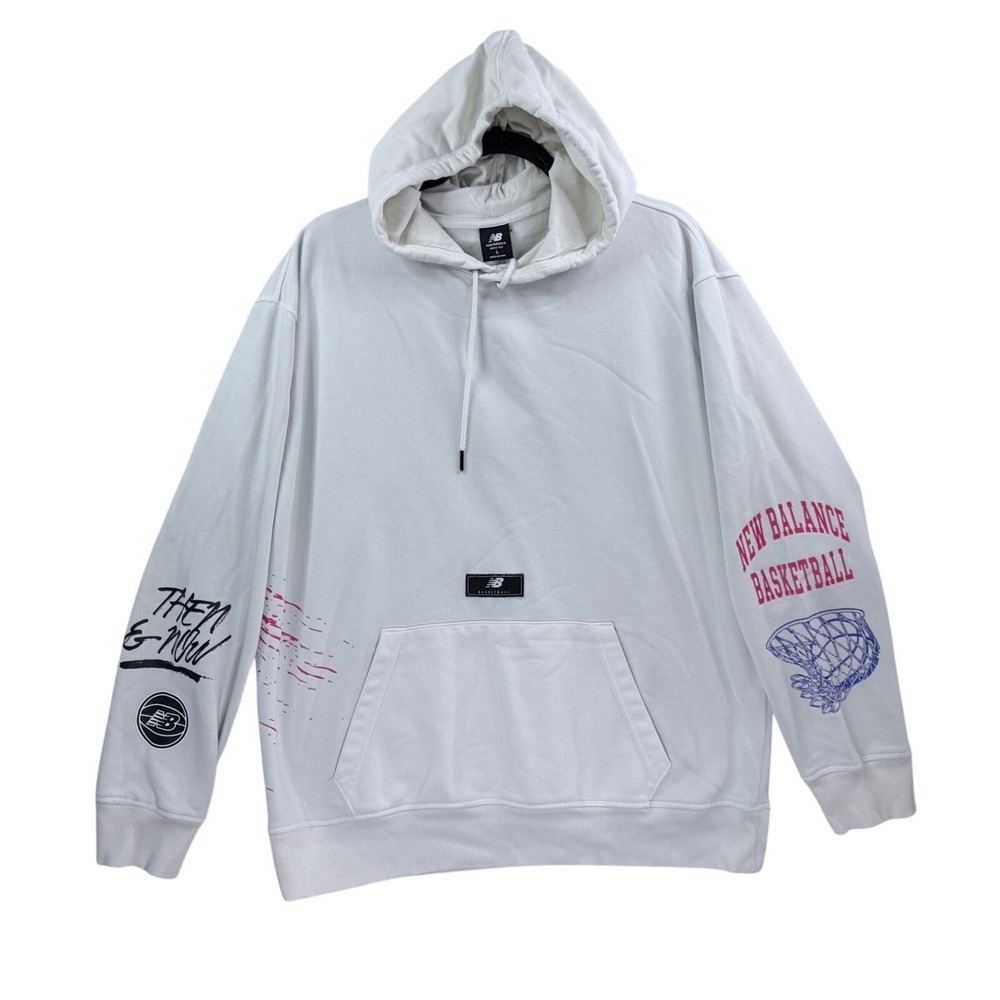 New Balance Basketball Hoodie Mens Large White Graphic Then & Now Pullover